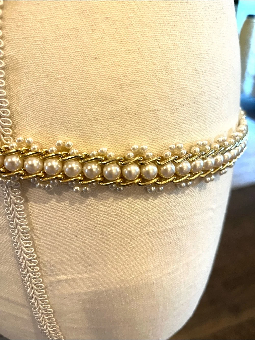 Gold Chain Link Belt with Pearl Accents Hong Kong Vintage